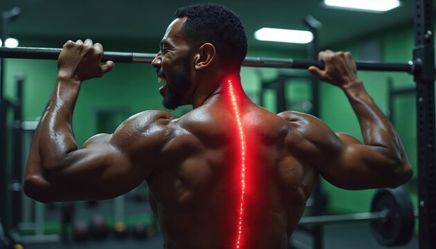 Strong sportsman lifts barbell in gym. Athlete with muscular body strains back. Man experiences pain from weightlifting. Fitness training effort, strength in physical exercise at fitness center.