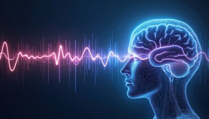 Digital human brain glows blue with intricate neural network. Vibrant pink sound waves interact with mind. Concept visualizes thought, auditory stimulation, frequency, perception. Shows mental energy