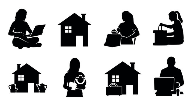 Silhouettes of individuals engaging in various activities, including working on a laptop, shopping, sewing, and using a computer, alongside images of houses and shopping bags.