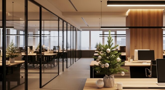 Modern office decorated for Christmas with gold and white ornaments, tree in corner, string lights around desks, wreaths on glass walls, and poinsettias creating a warm professional atmosphere