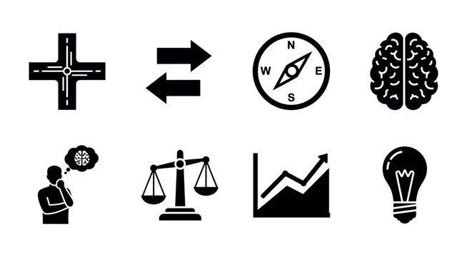 Set of eight black silhouette icons depicting a crossroads, bidirectional arrows, a compass, a brain, a person contemplating, scales of justice, a rising chart, and a lightbulb.