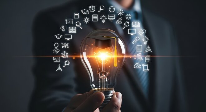 The Power of Knowledge and Innovation: Businessman Holding a Glowing Light Bulb with Graduation Cap and Educational Icons, Idea and Learning Concept.