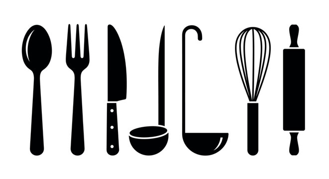 Black silhouette icons of various kitchen utensils including a spoon, fork, knife, ladle, whisk, and rolling pin, arranged in a row.