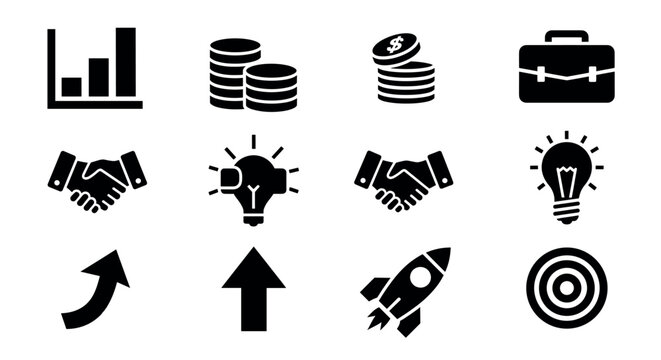 Black business icons including graphs, coins, briefcase, handshake, lightbulb, arrows, rocket, and target, symbolizing finance, innovation, and achievement. - Powered by Adobe