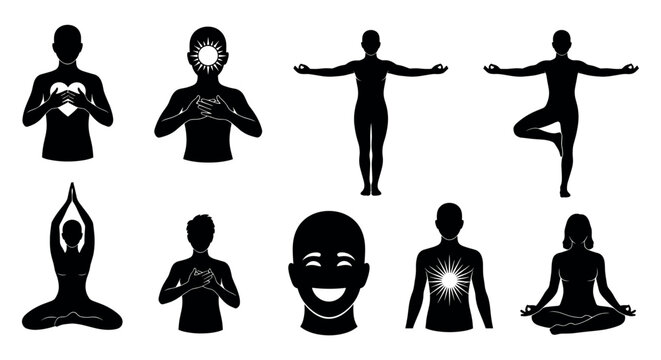 Silhouettes of various yoga and meditation poses, demonstrating mindfulness and balance through diverse postures.