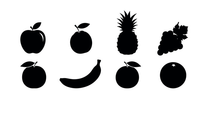 Black silhouette icons of various fruits including apple, plum, pineapple, grapes, orange, banana, and tangerine on a white background.