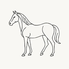 Line drawing of a horse standing in a minimalistic style  