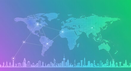Abstract Digital World Map Network Connected to a Global City Skyline on Gradient Background