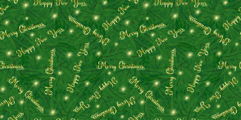 Seamless pattern with the inscription "Merry Christmas and Happy New Year" and lights against a background of fir branches. Suitable for wallpaper, backdrops, textiles, packaging, and paper. Vector.
