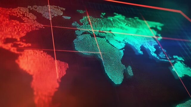 Abstract digital world map illustration with glowing lines and color gradients