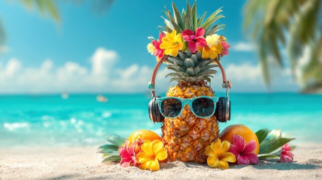 A fun pineapple with shades and headphones sits on the beach surrounded by flowers and oranges.
