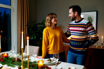Caucasian young adult woman smiling at Caucasian young adult man while standing beside festive dinner table with candles and holiday decorations, both appearing cheerful and engaged