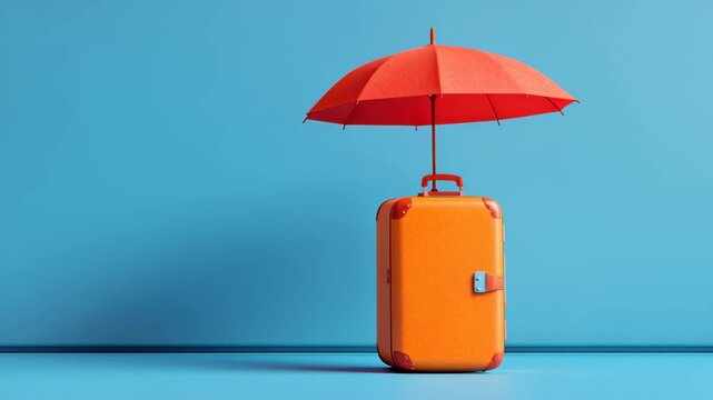 Bright orange suitcase with a red umbrella stands against a vivid blue background, creating a playful travel-themed scene