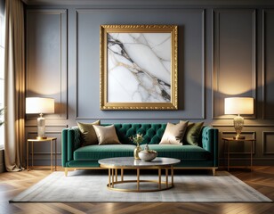 Elegant luxury living room with a gold-trimmed poster frame on a marble wall, velvet sofa, ambient lighting, modern chic decor, cinematic composition, high-quality 3D render

