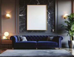 Elegant luxury living room with a gold-trimmed poster frame on a marble wall, velvet sofa, ambient lighting, modern chic decor, cinematic composition, high-quality 3D render
