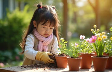 Fototapeta premium Young asian girl wears gloves, plants flowers in garden pots. Child learns about nature, caring for new green life outdoors. Springtime activity for kids.
