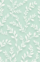 Fototapeta premium Seamless pattern features delicate white leafy branches. Leaves, vines repeat on soft mint green background. Natural botanical illustration creates tranquil, refreshing eco design, perfect for decor,