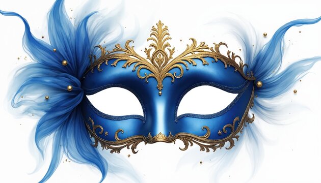 Elegant blue and gold masquerade mask with ornate details. Flowing blue fabric and gold beads accent mask, suggesting mystery and festive celebration for events or theatre. Detailed face cover.