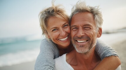 Obraz premium Two joyful people embrace on a sandy beach smiling widely as waves gently crash behind them.