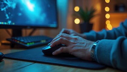 Close up photo shows gamer hands on mouse during gaming. Man controls computer mouse on black pad near keyboard. Gaming room interior with monitor and cozy bokeh lights.