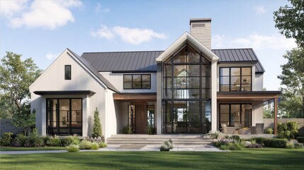 Stunning modern farmhouse showcases expansive windows and beautiful gardens under clear skies.