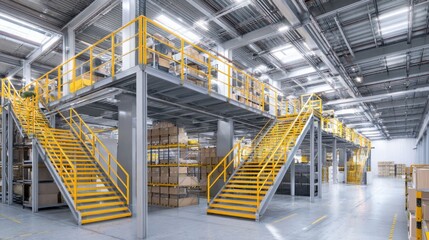 Busy warehouse features bright lights yellow railings and stacked goods on various levels.