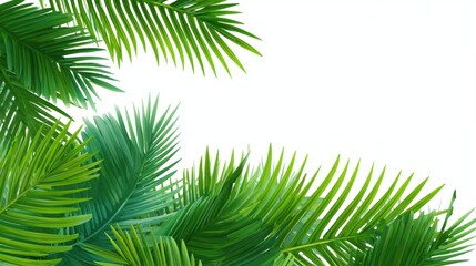 Fototapeta premium Vivid palm leaves frame a bright space evoking a sense of tropical freshness and relaxation.