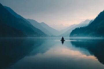 Serene person meditating on a paddleboard in a misty mountain lake at sunrise