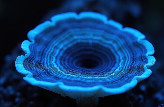 Blue mushroom glows in ultraviolet light creating bioluminescence effect. Macro of fungi with hypnotic concentric ring pattern. Abstract luminous texture on dark background, mystic nature concept.