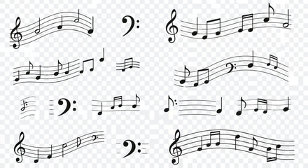 Obraz premium This vector illustration features a collection of musical notes and symbols arranged in a dynamic and expressive pattern. The clean monochrome design makes it suitable for music-related posters, educa