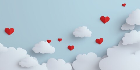 Obraz premium Red hearts and white clouds on blue sky background