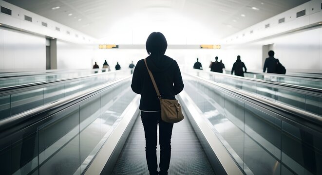 Lone traveler moves forward on a bright airport moving walkway towards a distant, illuminated horizon, capturing the essence of journey and anticipation