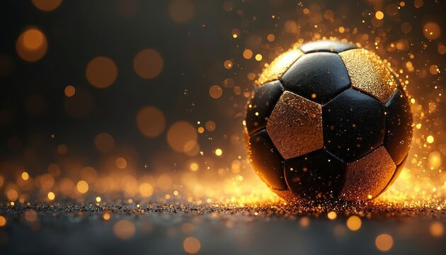 Soccer ball shines with golden glitter. Sport game concept. Festive celebration art. Abstract soccer competition background design for championship advertising. Football equipment creative