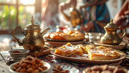 Fototapeta premium Explore the rich flavors of Maghrebi cuisine at a Moroccan table setting with pastries and tea