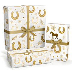 Minimalist repeating horseshoes and horse silhouettes in gold, festive luxury packaging.