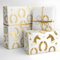 Minimalist repeating horseshoes and horse silhouettes in gold, festive luxury packaging.