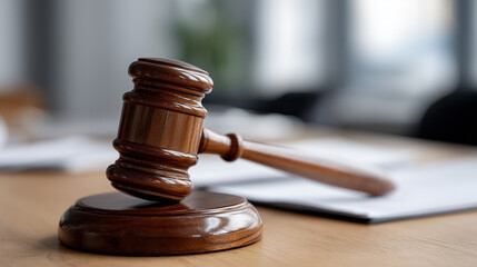 Wooden gavel rests on round base on desk with scattered papers