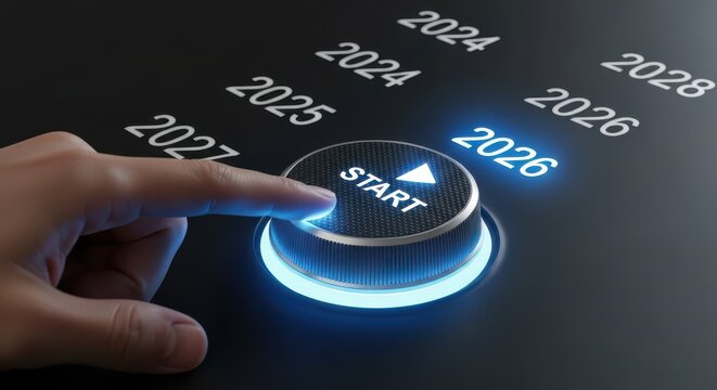 Starting the New Year 2026: Hand Pressing Digital Start Button on a Futuristic Control Panel to Initiate Business Strategy and Future Planning.