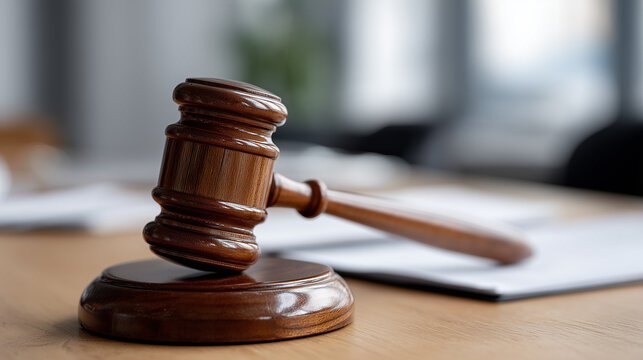 Wooden gavel rests on round base on desk with scattered papers - Powered by Adobe