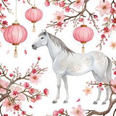 Watercolor horse illustration with lanterns and plum blossoms, seamless pattern for gift wrap.