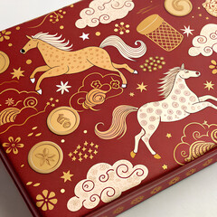 Red and gold doodle-style pattern with horses, coins, and clouds, playful holiday packaging.