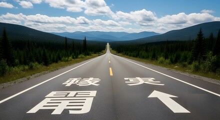 Journey into the unknown, a scenic highway stretches towards distant blue mountains through a lush green forest under a bright sky