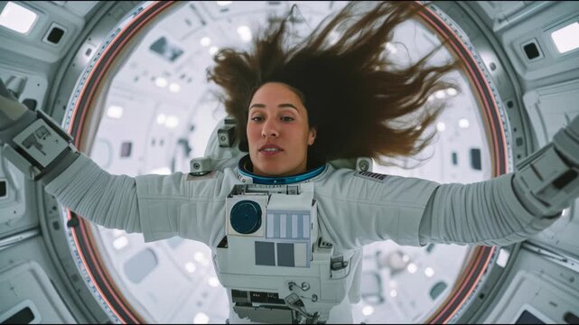 Woman astronaut in weightlessness inside spaceship or space station, concept of people in spacecraft, science