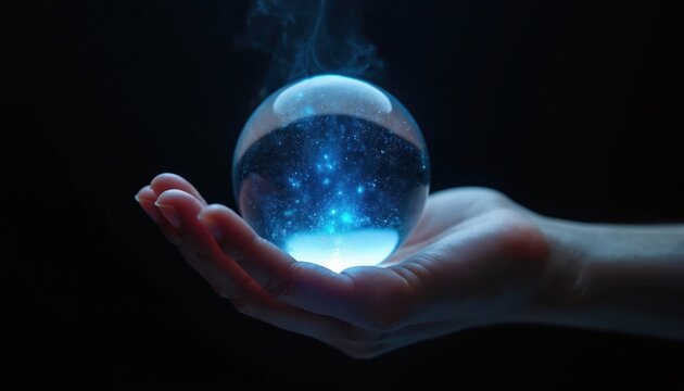 Human hand holds transparent crystal sphere. Bright blue light glows inside ball with sparkling particles, like tiny stars. Smoke rises from magic orb against dark backdrop. Scene represents power,