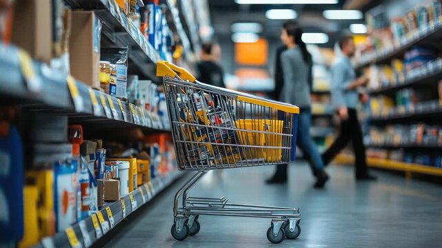 Shelves with various tools in a construction supermarket, organized rows of hammers, screwdrivers, drills, and toolboxes under bright lighting, modern hardware store interior.