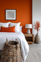 Close Up, Modern minimalist bedroom with orange wall decoration