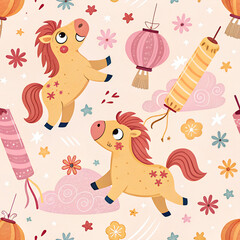 Cute cartoon horses with firecrackers, lanterns, and confetti, seamless pastel pattern for kids’ products.