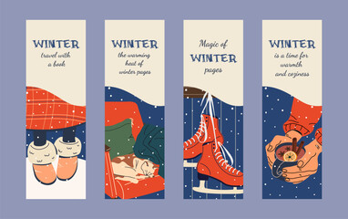 Winter bookmarks with cozy illustrations: a sleeping cat under a blanket, falling snow, a hot cinnamon drink, warm boots, and skates hanging on the wall. Vertical format.