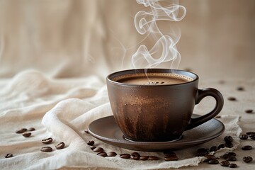 Close-up de café recién hecho en taza de barro esmaltado, textura de gotas y humo suave, fondo bokeh cálido