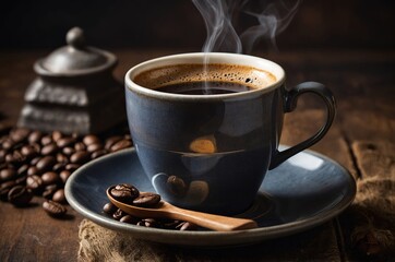 Concepto barista: taza de café recién hecho con platillo, granos tostados y accesorios, mood cálido y vintage